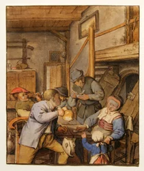 Bauern an einem Tisch in einer Herberge
